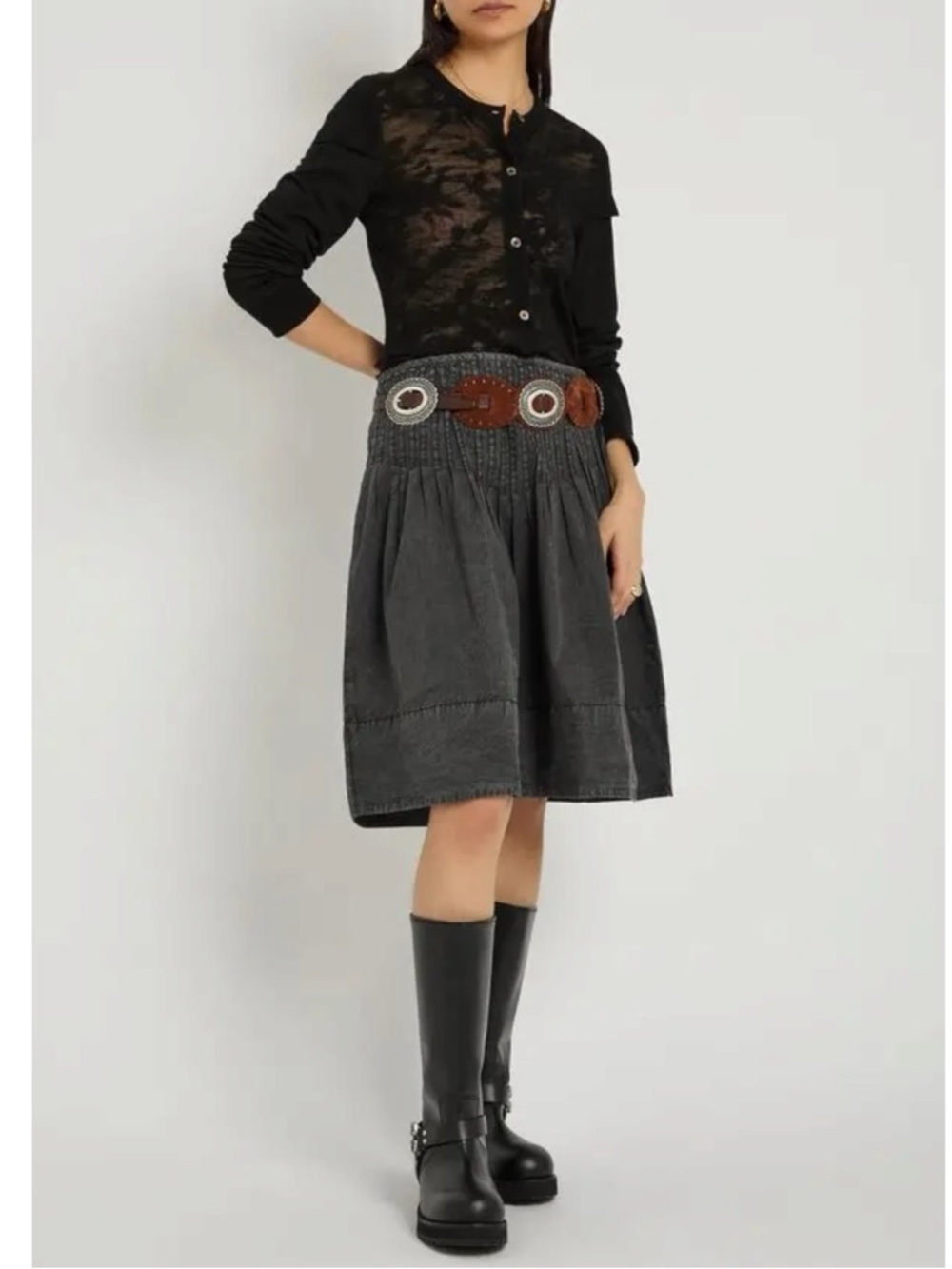 Free People Dainty Bohemian Peyton Pintuck Midi Skirt Washed Black Size 14 - Picture 10 of 16
